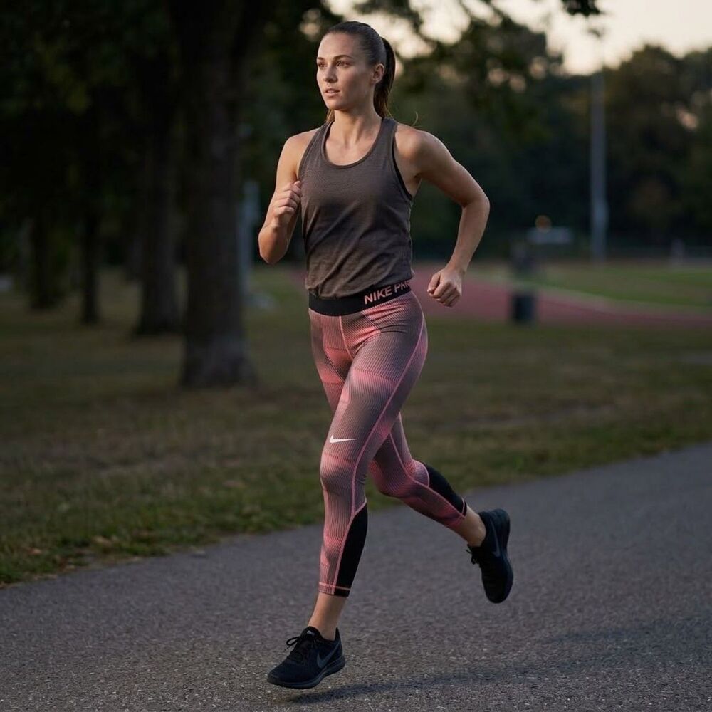 Nike Pro Pink Grey Cropped Leggings Dri Fit Active Athletic Workout Gym